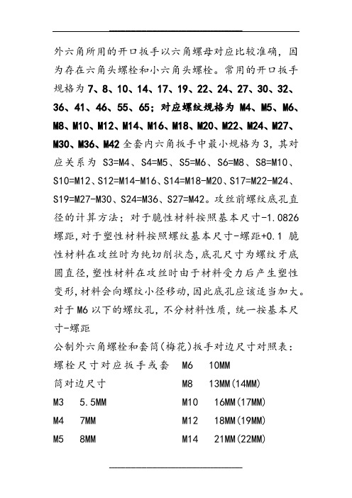 螺栓大小及对应扳手