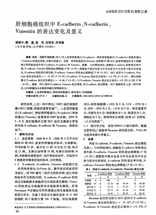 肝细胞癌组织中E-cadherin、N-cadherin、Vimentin的表达变化及意义