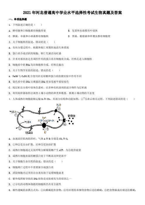 2021年河北普通高中学业水平选择性考试生物真题及答案