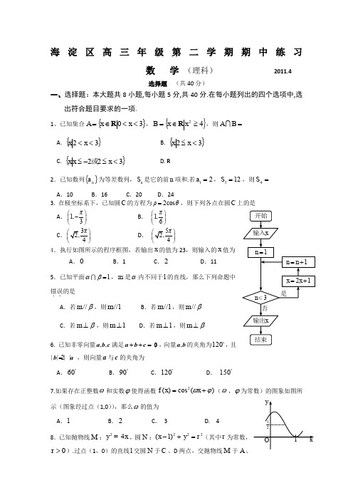 北京市海淀区2011届高三一模考试(数学理)