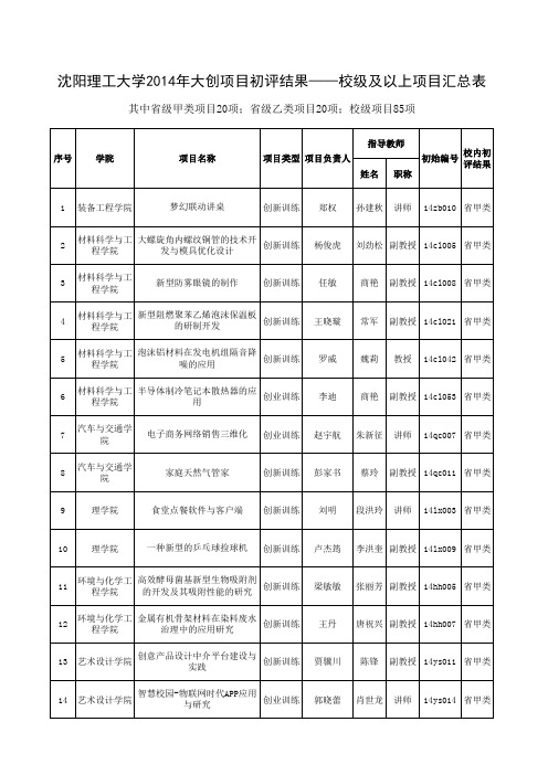 沈阳理工大学2014年大创项目初评结果