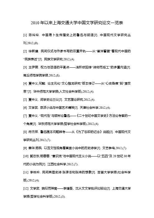 2010年以来上海交通大学中国文学研究论文一览表