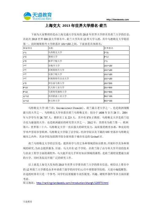 【天道独家】上海交大 2013年世界大学排名-荷兰