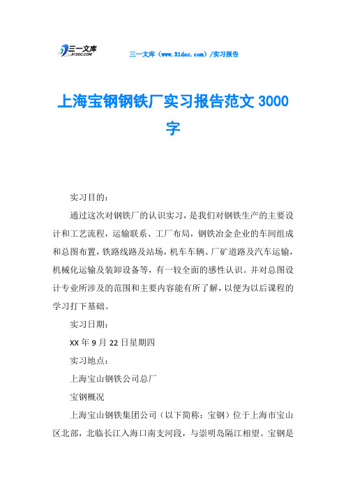 上海宝钢钢铁厂实习报告范文3000字