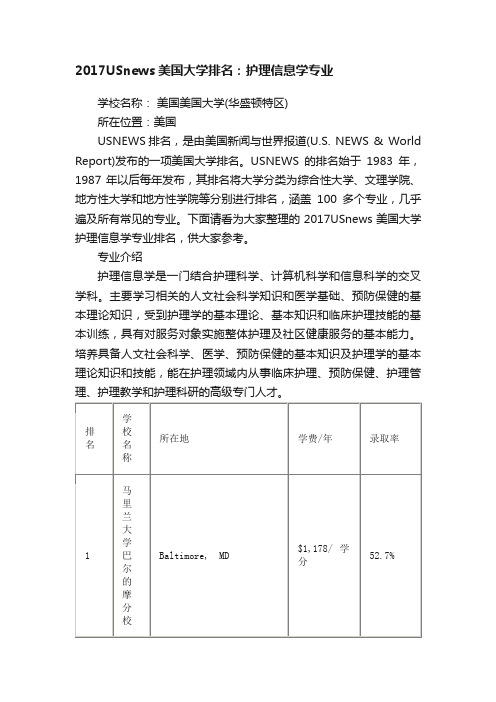 2017USnews美国大学排名：护理信息学专业