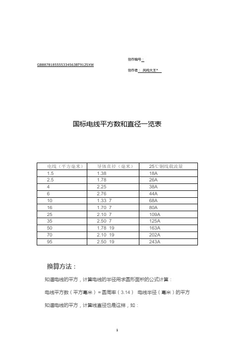 国标电线平方数和直径一览表-1.5平方线截面积