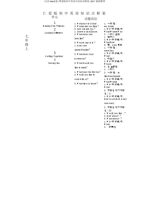 (完整word版)仁爱版初中英语目录知识框架,2017