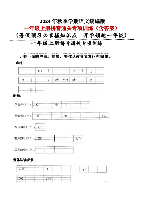 一年级语文上册暑假拼音通关专项训练(统编版2024)