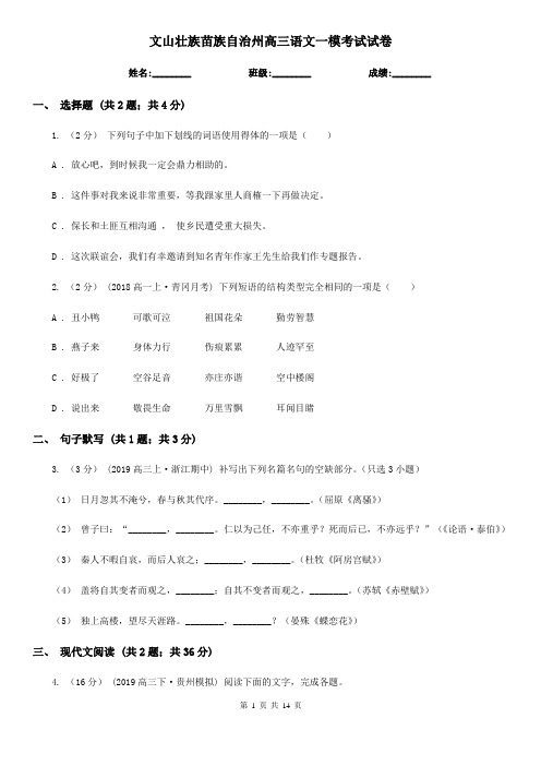 文山壮族苗族自治州高三语文一模考试试卷