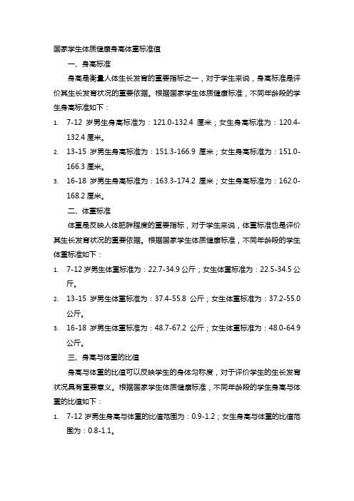 国家学生体质健康身高体重标准值