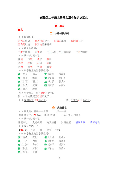 部编版二年级上册语文期中知识点汇总