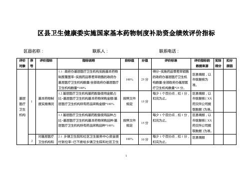 区县卫生健康委实施国家基本药物制度补助资金绩效评价指标