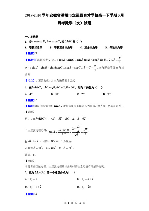 2019-2020学年安徽省滁州市定远县育才学校高一下学期5月月考数学(文)试题(解析版)