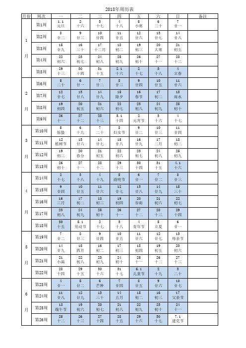 2018年周历表