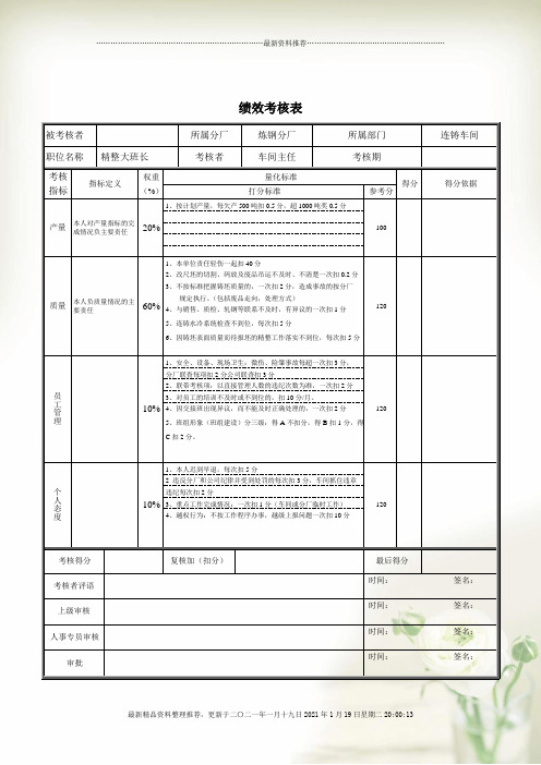 精整大班长绩效考核表精编版