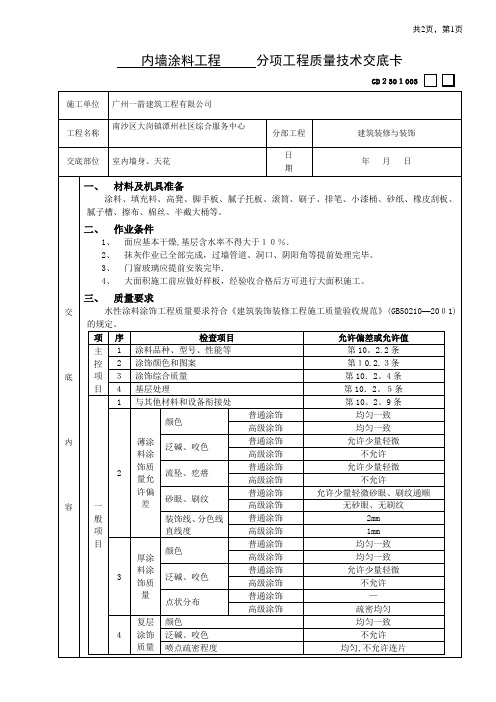 08内墙涂料工程技术交底卡