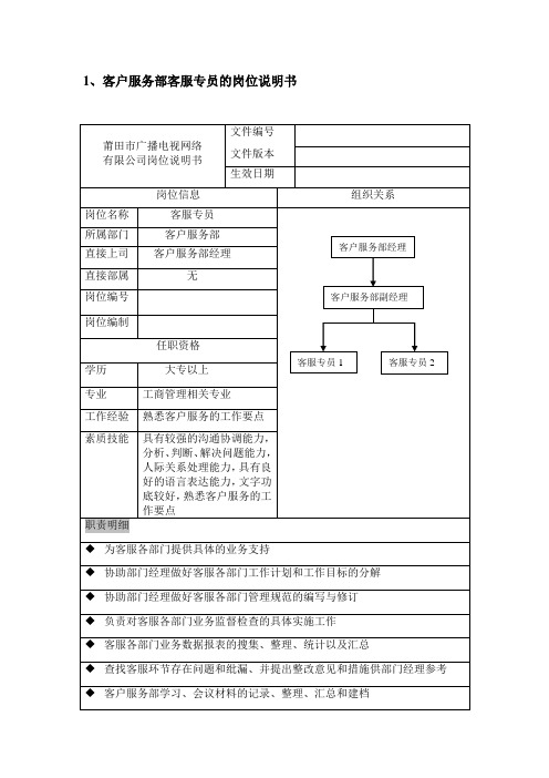 客户服务部客服专员岗位说明书(参考Word)