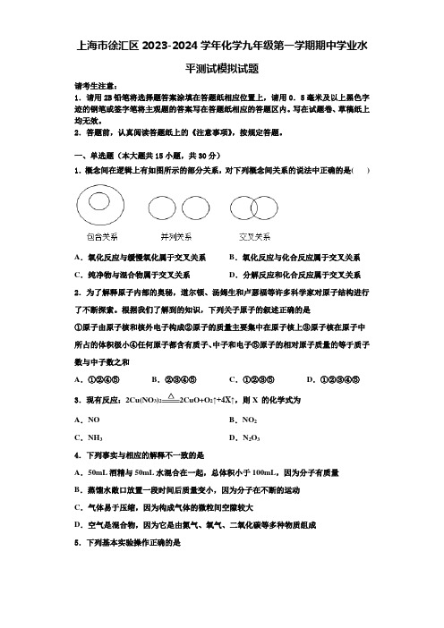 上海市徐汇区2023-2024学年化学九年级第一学期期中学业水平测试模拟试题含解析