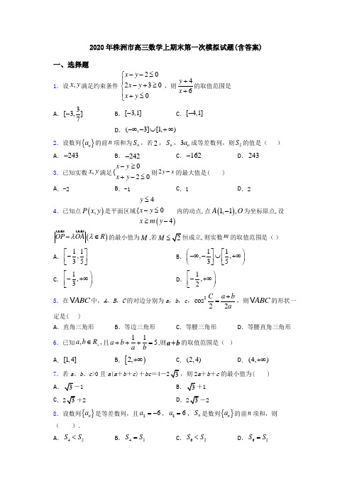 2020年株洲市高三数学上期末第一次模拟试题(含答案)