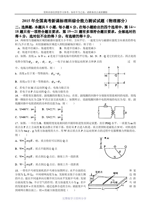 2015年全国高考新课标理科综合能力测试试题(物理部分)含高考理综试卷格式