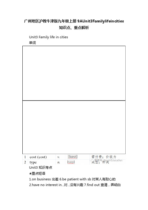 广州地区沪教牛津版九年级上册9AUnit3Familylifeincities知识点、重点解析