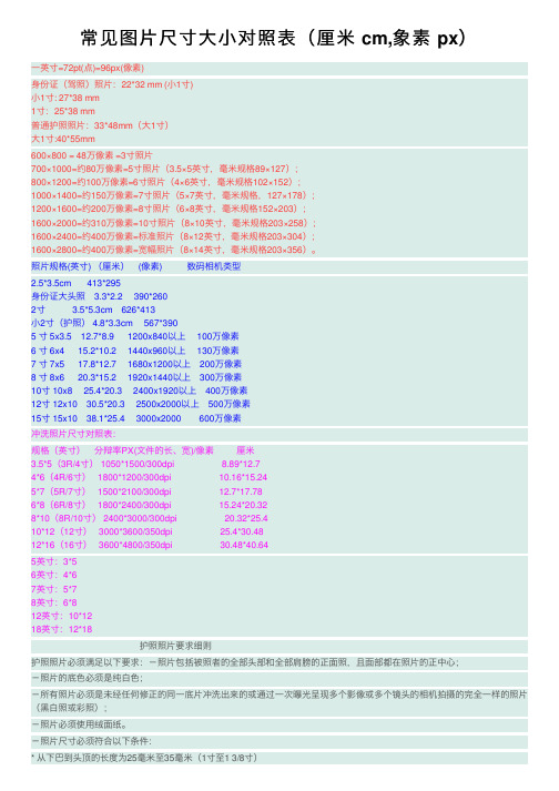 常见图片尺寸大小对照表（厘米