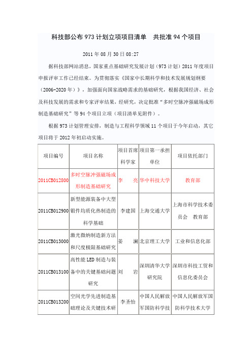 科技部公布973计划立项项目清单 共批准94个项目