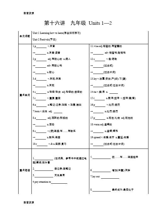 【教育资料】【梳理】安徽中考·英语 第一部分·第十六讲九年级 Units 1—2学习专用