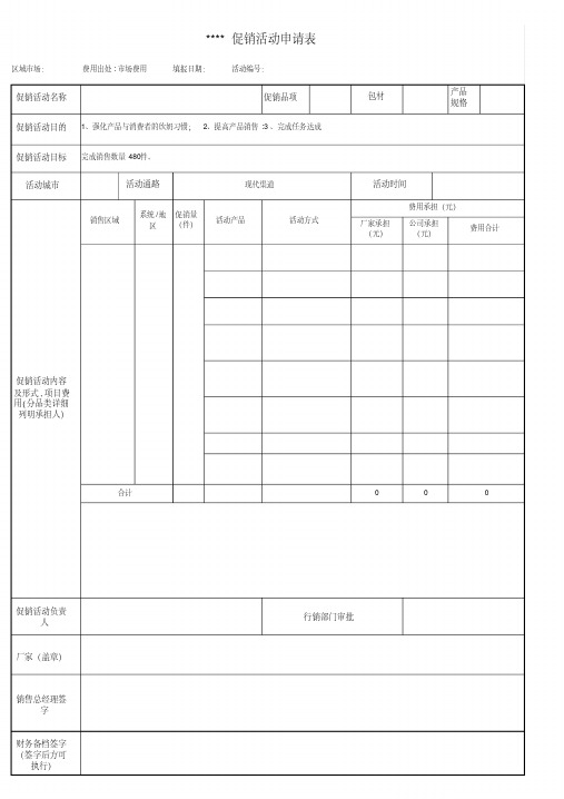 快消食品促销活动申请表模板