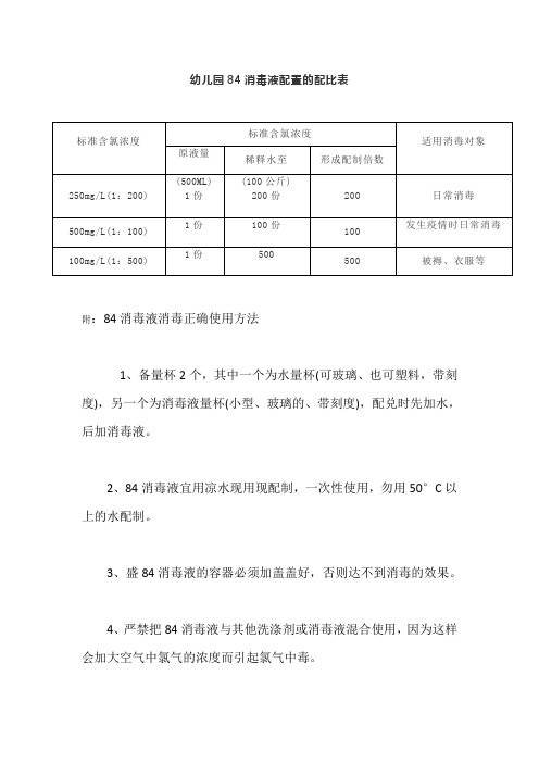 幼儿园84消毒液配置的配比表