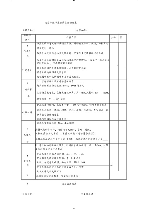 高空作业吊篮班前安全检查表