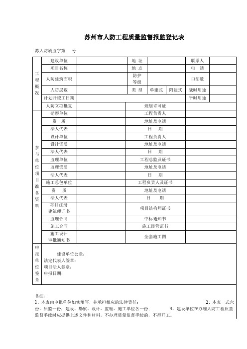 苏州人防工程质量监督报监登记表