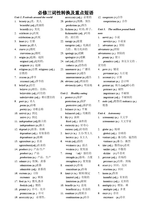 高中英语必修三词性转换及重点短语