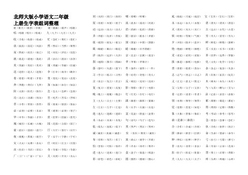 北师大版小学语文二年级上册生字表