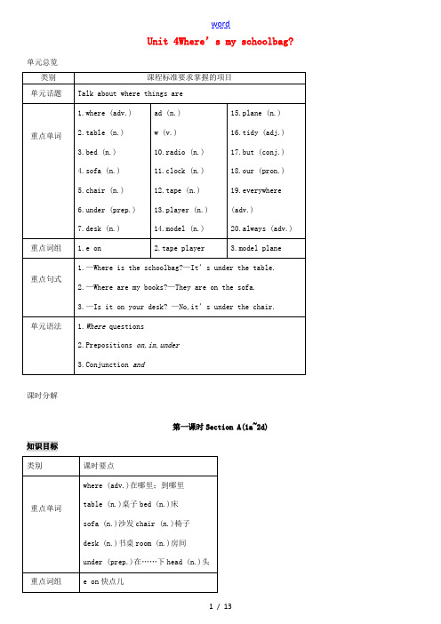 秋七年级英语上册 Unit 4 Where's my schoolbag导学案1 (新版)人教新目标