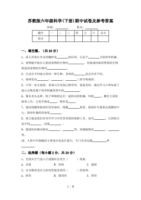 苏教版六年级科学(下册)期中试卷及参考答案