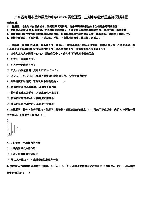 广东省梅州市蕉岭县蕉岭中学2024届物理高一上期中学业质量监测模拟试题含解析