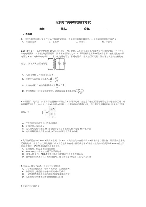 山东高二高中物理期末考试带答案解析
