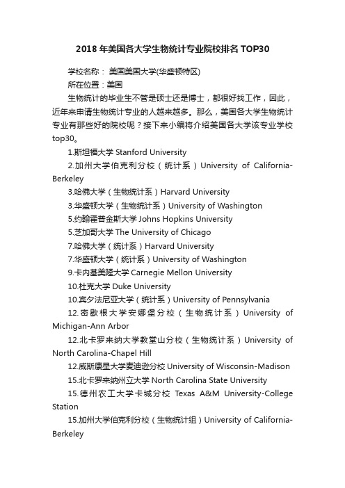 2018年美国各大学生物统计专业院校排名TOP30