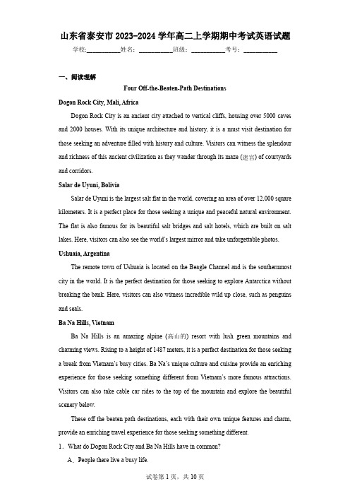 山东省泰安市2023-2024学年高二上学期期中考试英语试题