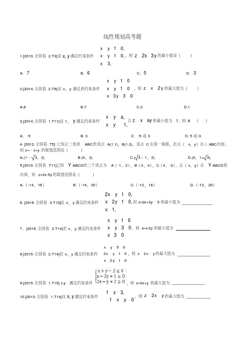 近几年全国卷高考文科数学线性规划高考题