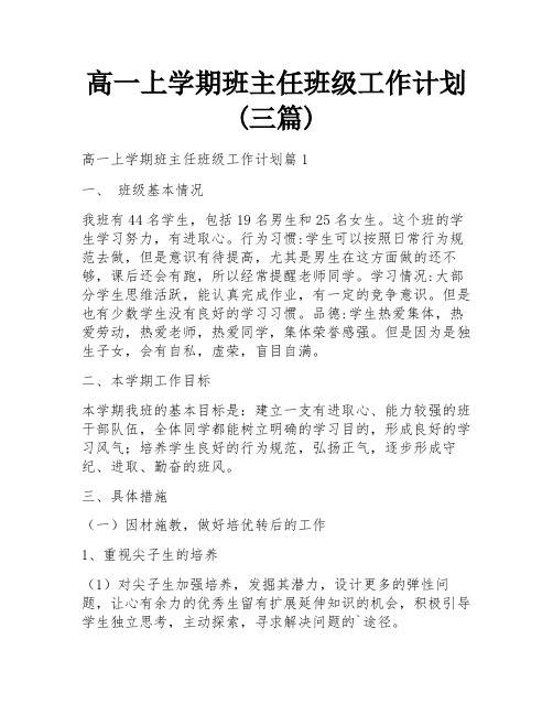 高一上学期班主任班级工作计划(三篇)