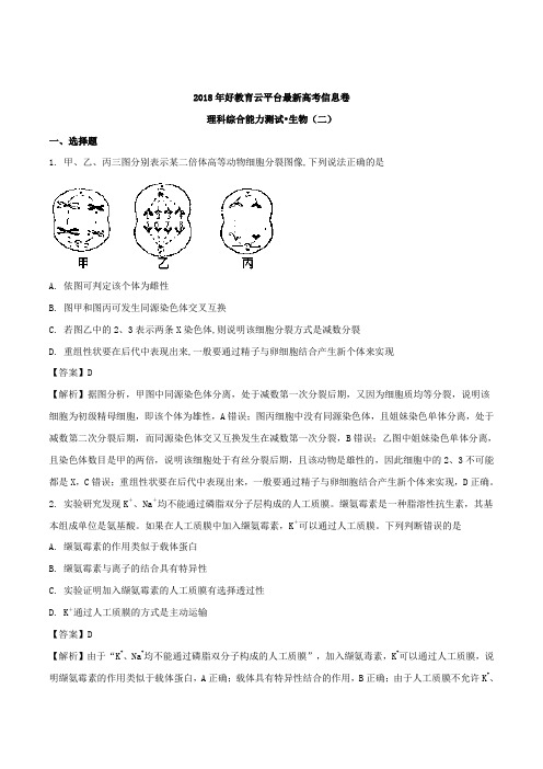 2018年全国统一招生考试最新高考信息卷二生物试题 含解析 精品