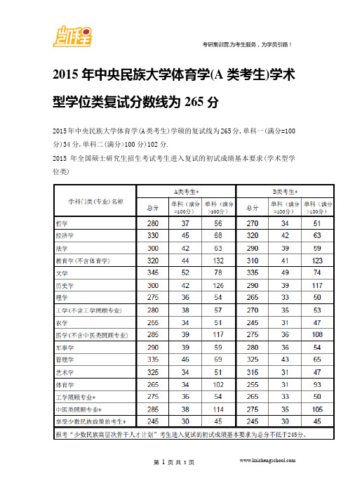 2015年中央民族大学体育学(A类考生)学术型学位类复试分数线为265分