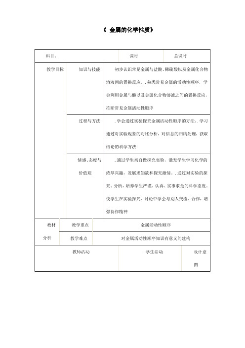 人教版化学9年级下册《金属的化学性质》教学案