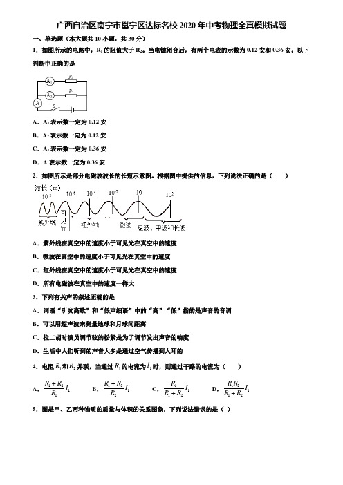 【附15套中考模拟卷】广西自治区南宁市邕宁区达标名校2020年中考物理全真模拟试题含解析