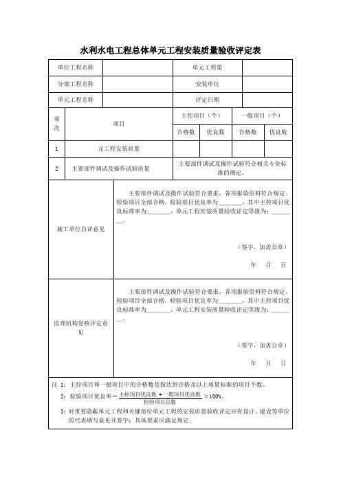 水利水电工程总体单元工程安装质量验收评定表