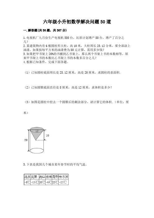 六年级小升初数学解决问题50道及一套参考答案
