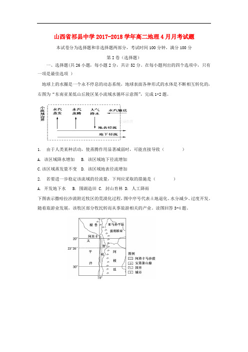 山西省祁县中学高二地理4月月考试题