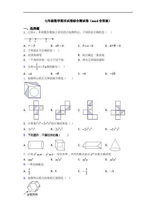 七年级数学期末试卷综合测试卷(word含答案)